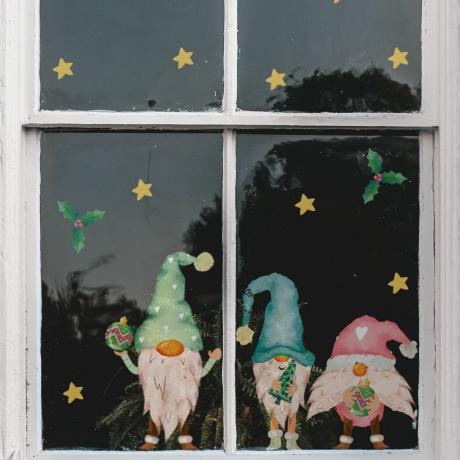 dekorasi jendela trio gnome, stiker cling jendela natal