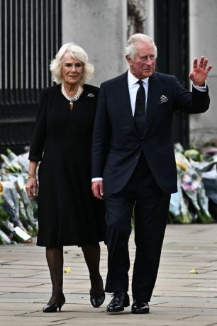 Kráľ Karol II. a Camilla, kráľovná manželka, pozdravujú davy pred Buckinghamským palácom