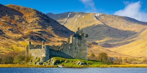Highland, natur, naturlandskap, berg, slott, bergiga landformer, himmel, Loch, föll, gul, 