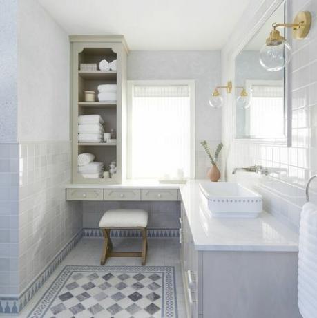 hvidt og blåt badeværelse