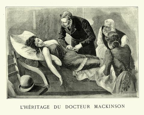medico vittoriano che controlla il polso di una giovane donna, 1890