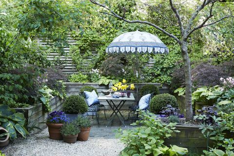 bakgård, krukväxter, matstolar utomhus, matbord utomhus, parasoll