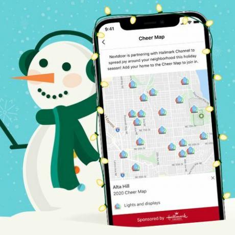 сусідня привітальна карта промо зі сніговиком, що тримає телефон з картою