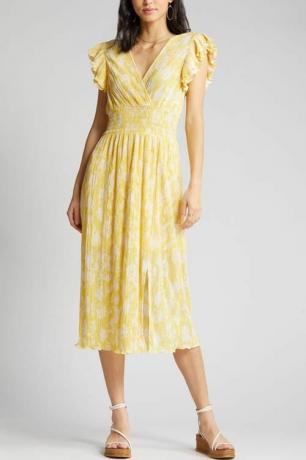 Flutter Sleeve Plissé Midi-kjole i gul sitron