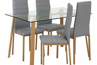 Szklany stół do jadalni i 4 szare krzesła Helena