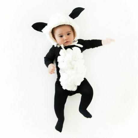 bayi berpakaian seperti domba hitam dengan bib berbulu dan hoodie dengan telinga domba