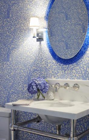 Zils, vannas istaba, flīze, istaba, violeta, siena, zila Majorelle, vannas istabas izlietne, interjera dizains, tapetes, 