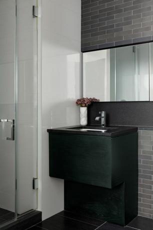 バスルーム、黒いカウンタートップと緑の洗面化粧台