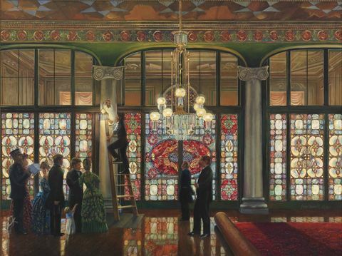 peter waddell's de grote verlichting, een olieverfschilderij uit 1891 dat het glas-in-loodscherm van louis comfort tiffany in de inkomhal van het witte huis toont