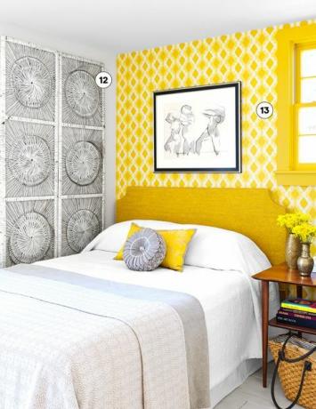 Ložnice, Žlutá, Pokoj, Postel, Zeď, Nábytek, Rám postele, Tapeta, Interiérový design, Přikrývka, 