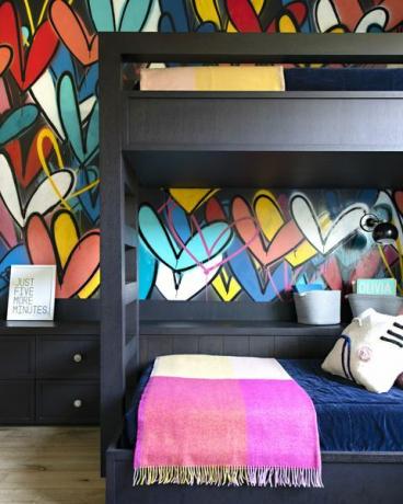pokój, graffiti, meble, sypialnia, sztuka, projektowanie wnętrz, projektowanie, sztuki wizualne, wzór, tekstylia,