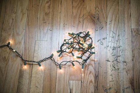Noel ağacı çam iğneleri ile yerde dize ışıklar