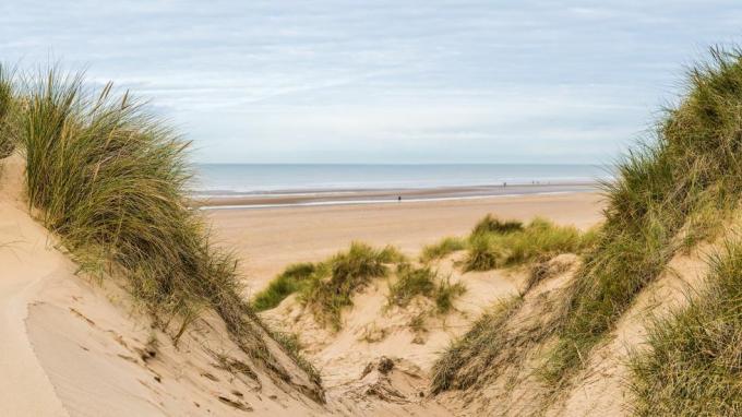 usean kuvan panoraama, joka on kuvattu kahden hiekkadyynien huipun välissä, joka katselee ihmisiä, jotka kävelevät formbyn rannalla lähellä Liverpoolia