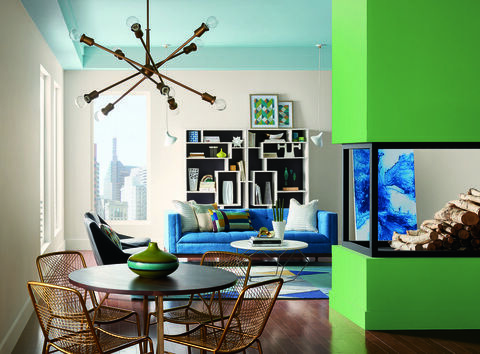 Zelena, soba, dnevni boravak, dizajn interijera, plava, tirkizna, namještaj, strop, zid, žuta, 