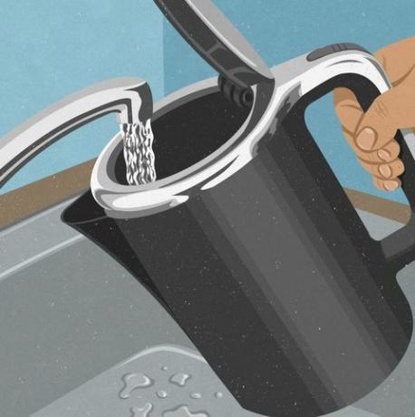 Wasserkocher von Hand mit Wasser aus dem Wasserhahn füllen
