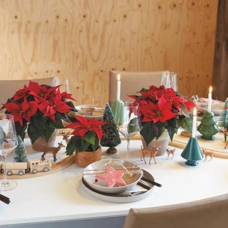 Kalėdinio stalo centre esantis miniatiūrinis medinio traukinio komplektas