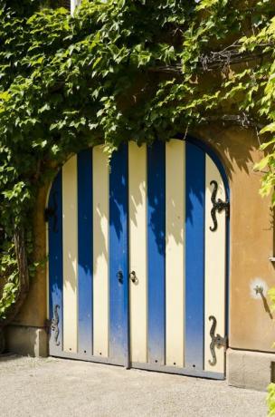 Zeď, brána, dveře, svítidlo, azurová, Majorelle modrá, barva, beton, oblouk, stín, 