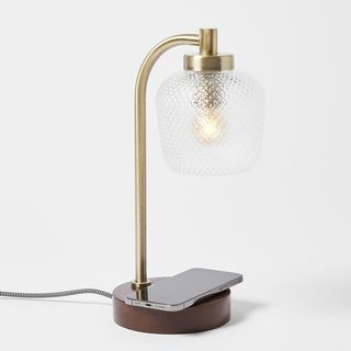 Luce Gold Glass & Wood Langaton latauspöytä ja pöytälamppu