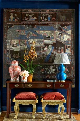Blauw, Kamer, Meubilair, Interieur design, Muur, Tafel, Antieke, Huis, Textiel, Behang, 