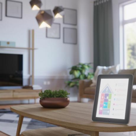 kontrol rumah pintar dengan tablet dalam gaya skandinavia interior ruang tamu 3d render