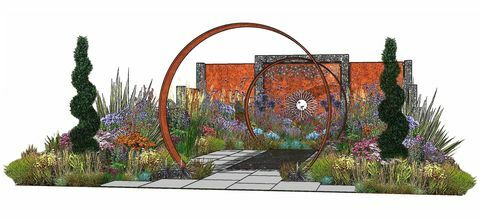 the sunburst garden, show garden, σχεδιασμένο από τους Charlie Bloom και Simon Webster, rhs hampton court palace garden festival 2022