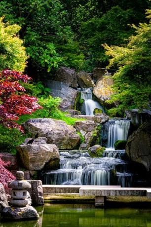 vodopád dlouhé expozice vertikální pohled s javory v Kjótu japonská zelená zahrada v holandském parku zelená léto zen jezero rybník voda v Londýně, Velká Británie