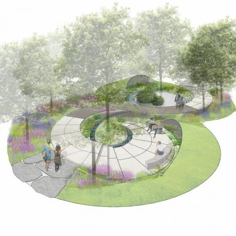 Сад спадщини дослідження раку Великобританії, виставковий сад, розроблений Томом Сімпсоном, спонсоровано Cancer Research uk, праворуч Гемптон-Корт Палац Сади Фестиваль 2021