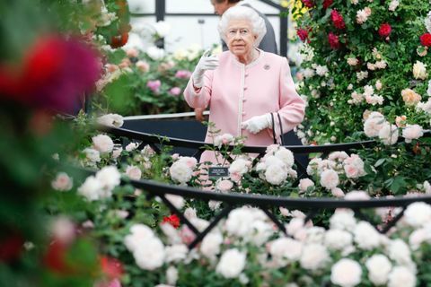Storbritanniens dronning Elizabeth ser Peter Beales Roses -udstillingen på RHS Chelsea Flower Show 2018 i London mandag den 21. maj 2018..RHS / Luke MacGregor