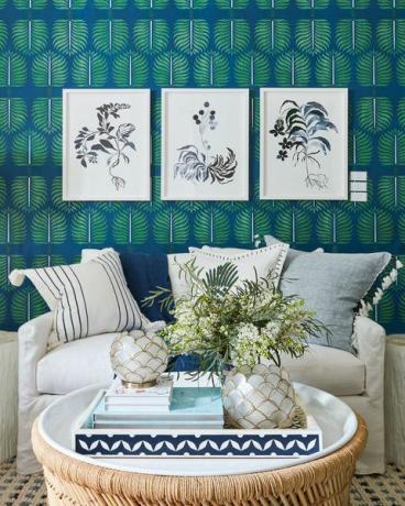 Stue, blå, værelse, indretning, turkis, møbler, blå og hvid porcelæn, bord, gardin, plante, 