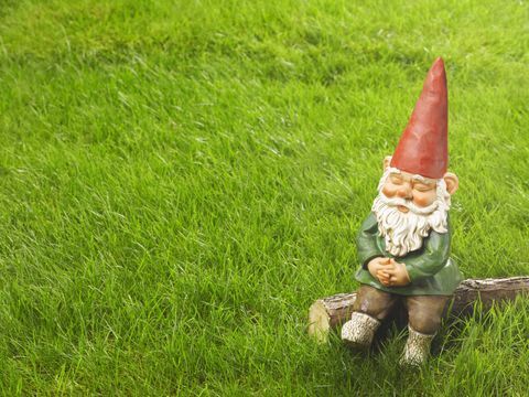 Gnome taman dengan topi merah duduk di halaman hijau