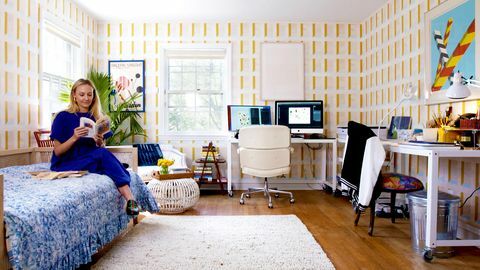Izba, nábytok, obývačka, žltá, modrá, interiérový dizajn, nehnuteľnosť, domov, spálňa, stena, 
