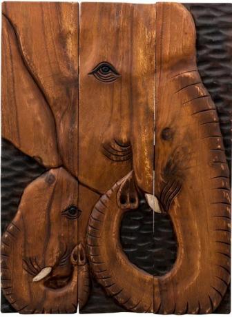 Plaketa slonov Surin Father & Son, vytesaná z dreva opičieho lusku - Myakka