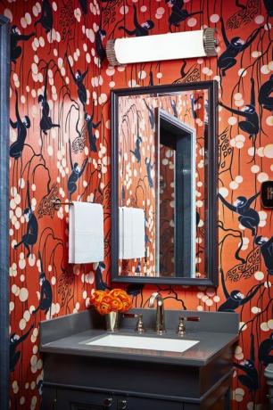 Kambarys, interjero dizainas, vonios kriauklė, raudona, oranžinė, santechnikos įranga, siena, čiaupas, interjero dizainas, kriauklė, 