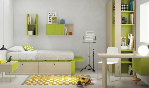Rom, gul, interiørdesign, vegg, hyller, møbler, gulv, seng, hjem, hylle, 