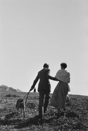 השחקנית ילידת בלגיה אודרי הפבורן (1929 - 1993) ובן זוג, שהלך עם כלב בפארק ריצ'מונד, לונדון, מאי 1950. הפבורן בהפסקה מהחזרות לרביד הלונדוני, 'רוטב פיקנטה'. הפרסום המקורי: Picture Post - 5035 - אנחנו לוקחים ילדה לחפש את האביב - פאב. 13 במאי 1950 (צילום: ברט הארדי/פוטו פוסט/ארכיון Hulton/Getty Images)