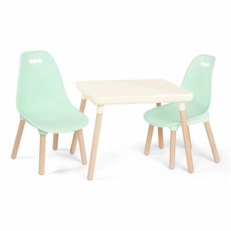 Piparmētru un ziloņkaula krāsas bērnu galdu un krēslu komplekts