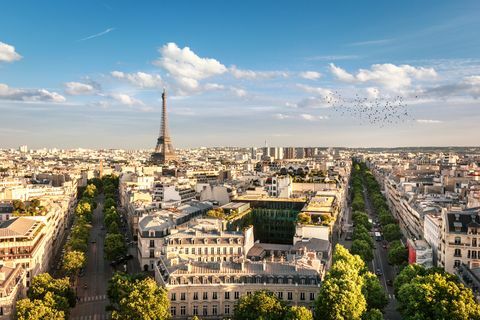 Vaizdas į Eifelio bokštą tarp medžių, Paryžius, Prancūzija
