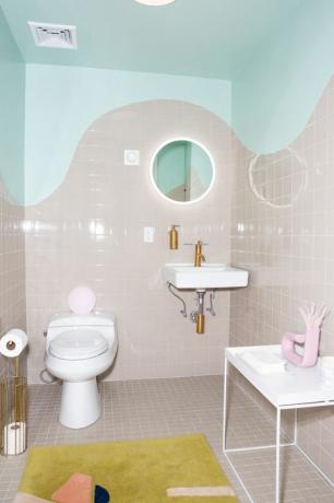 Vannas istaba, istaba, flīze, īpašums, interjera dizains, rozā, grīda, violeta, siena, pieskāriens, 