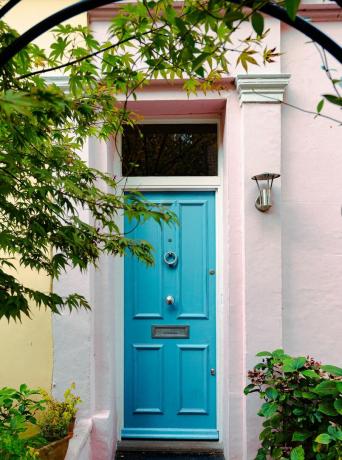 farba do drzwi wejściowych, architektura zewnętrzna szeregowych domów mieszkalnych w rejonie Notting Hill, zamożnej dzielnicy Londynu, Wielka Brytania