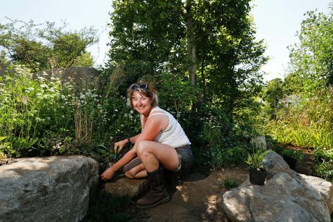 אן-מארי פאוול, מעצבת גינות עובדת ב" גן החוגים לרגל יום השנה ה -30 " שלה במהלך ההקמה בתערוכת הפרחים RHS המפטון קורט ארמון 2018-29 ביוני 2018