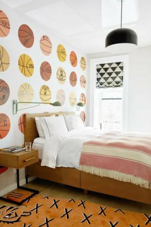 Spálňa, nábytok, izba, interiérový dizajn, posteľ, stena, oranžová, žltá, rám postele, posteľná bielizeň, 