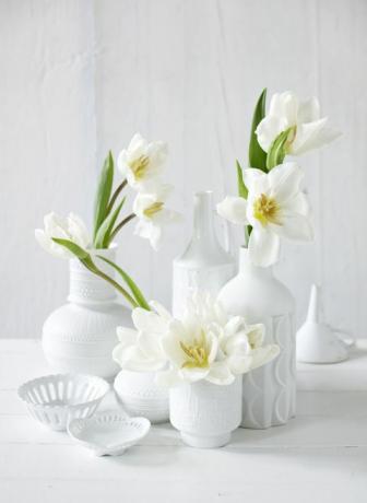 Biele tulipány v porcelánových vázach