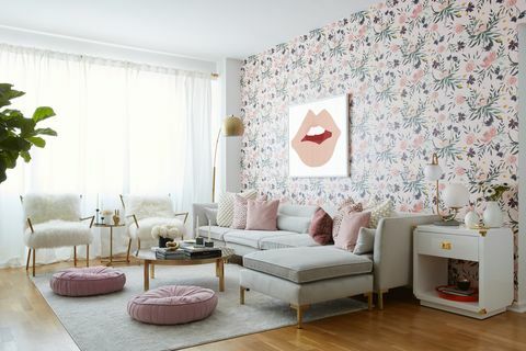 Stue, rom, møbler, interiørdesign, rosa, tapet, eiendom, vegg, gulv, sofa, 