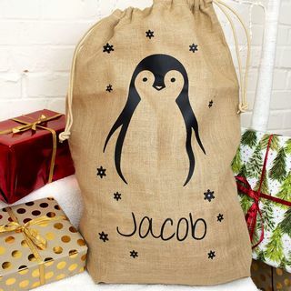 Personalizuotas Kalėdų pingvino Hessian maišas