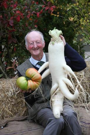 Peter Glazebrook com um tomate gigante e rabanete gigante no Malvern Autumn Show