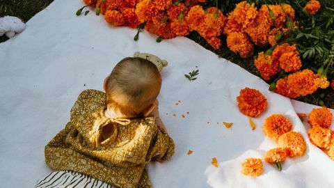baby met goudsbloemen op picknickdeken