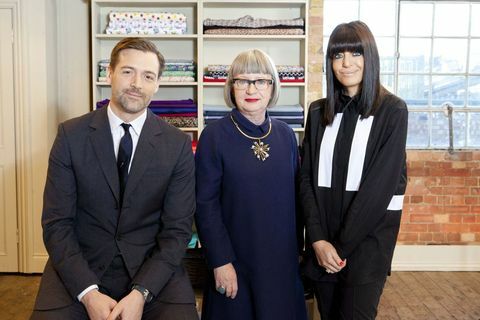 The Great British Sewing Bee - Patrick Grant, Esme Young, Claudia Winkleman (L -R)