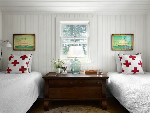 Møbler, rom, soverom, grønt, interiørdesign, vegg, laken, sengetøy, nattbord, rødt, 