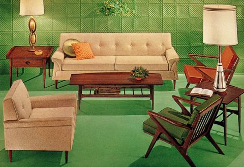 zelený obývací pokoj v polovině století
