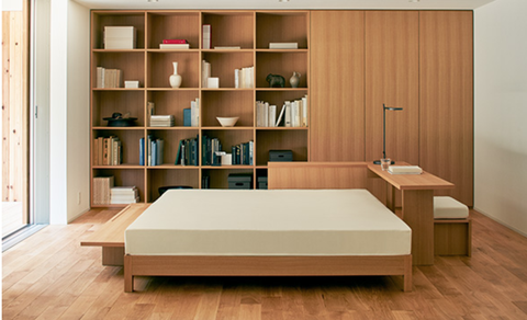 Möbler, hylla, hyllor, bokhylla, rum, säng, inredningsdesign, sovrum, skåp, madrass, 